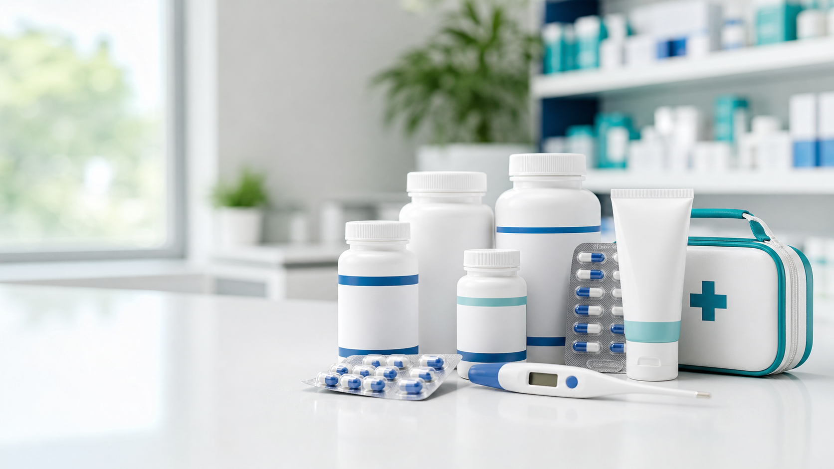 Clean pharmacy products arranged on a bright medical counter